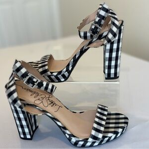 Libby Edelman Black White Buffalo Check Strappy Heels Size 7